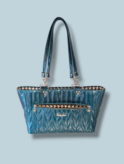 Open Tote with Firebird Pleating - Teal Flake / B&W Houndstooth Lining
