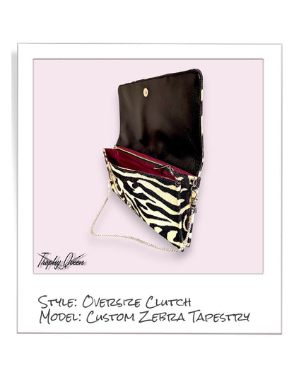 Oversize Clutch / Shoulder Bag -  Zebra Tapestry / Maroon Cotton Lining
