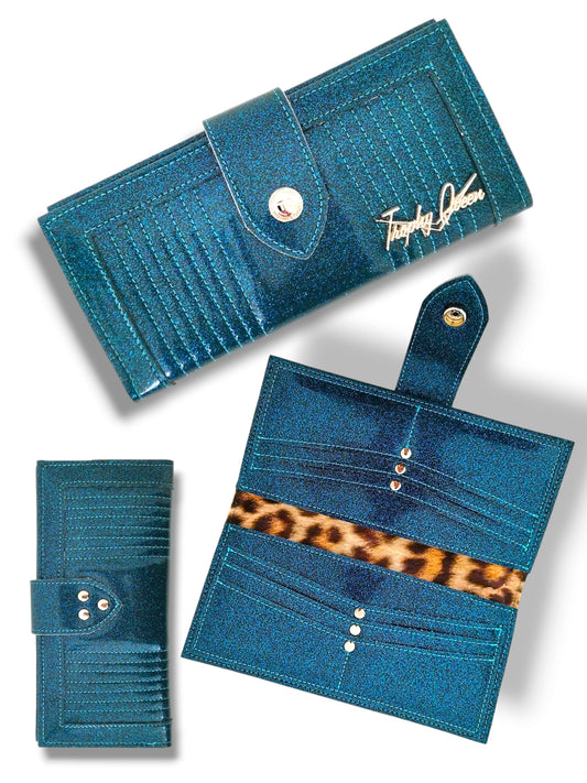 Long Card Wallet - Teal / Velvet Leopard Lining