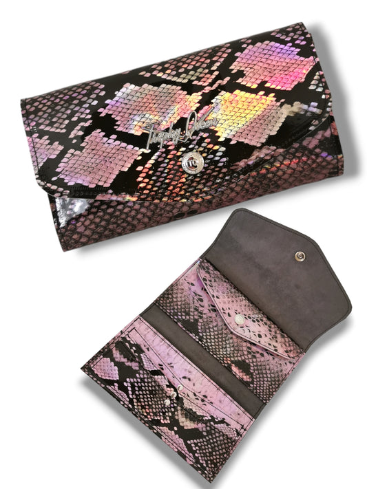 Large Snap Wallet - Pink Python / Gray Ultra Suede Lining