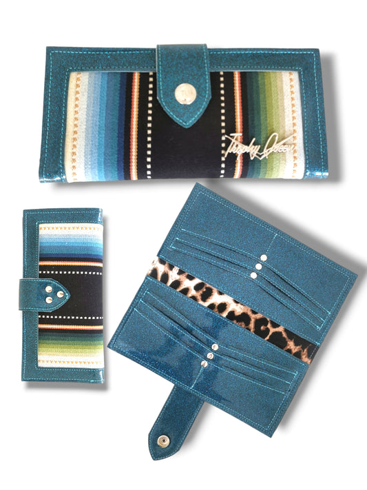 Long Card Wallet - Teal & Black Serape / Leopard Canvas Lining