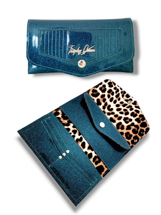 Large Snap Wallet - Teal / Leopard Canvas Lining