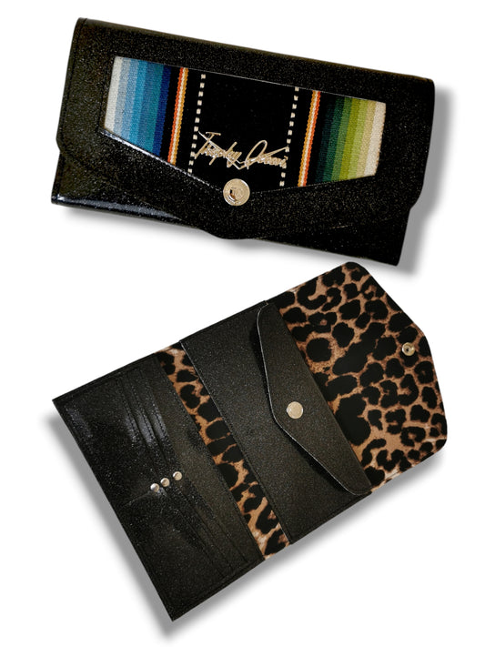 Large Snap Wallet - Black Serape / Coal Black - Leopard Canvas Lining