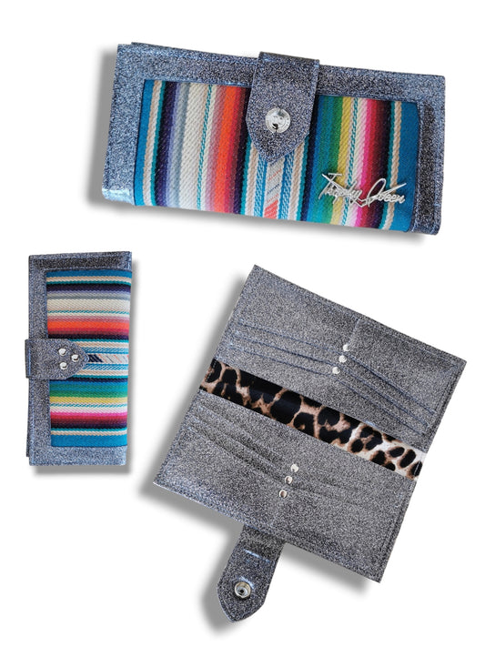 Long Card Wallet - Turquoise Serape Print / Gray Glitter - Leopard Canvas Lining