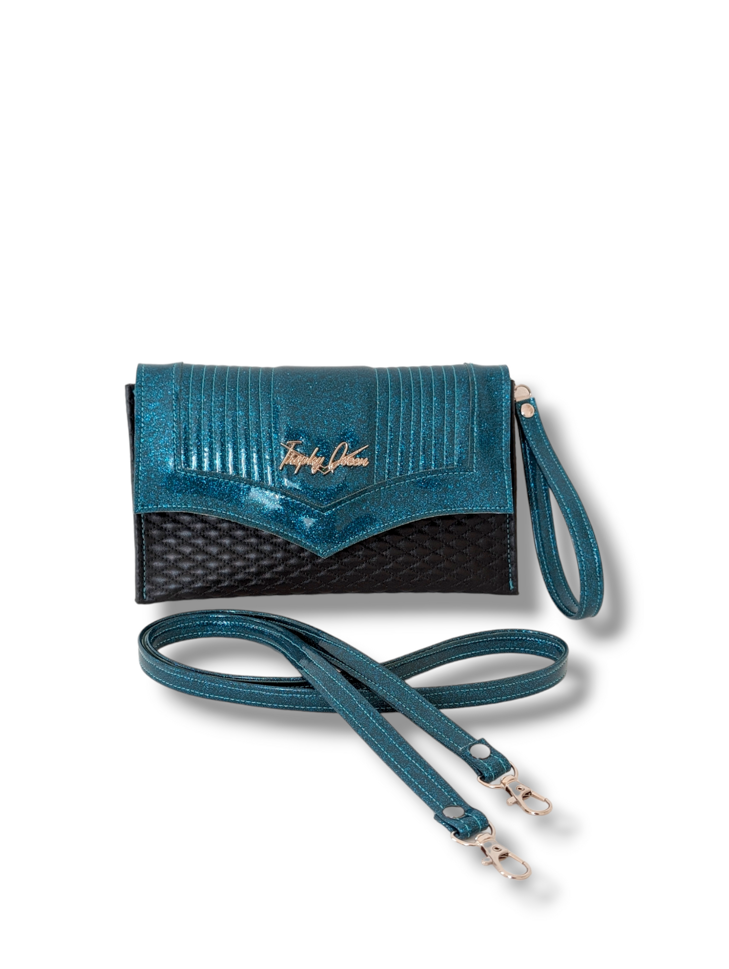 Marilyn Clutch - Teal & Black Diamond Pleat / Leopard Canvas Lining