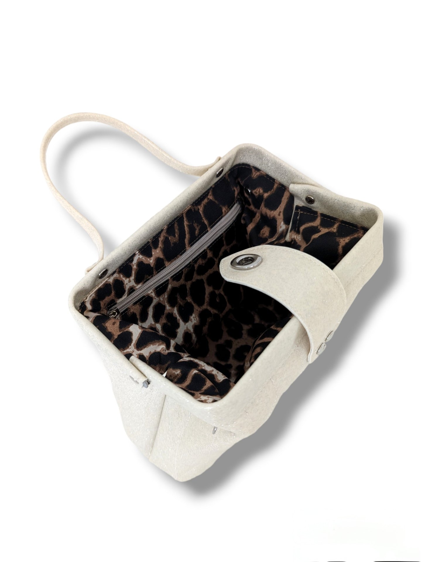 Audrey Bag with Firebird Pleating - White Glitter / Leopard Canvas Lining