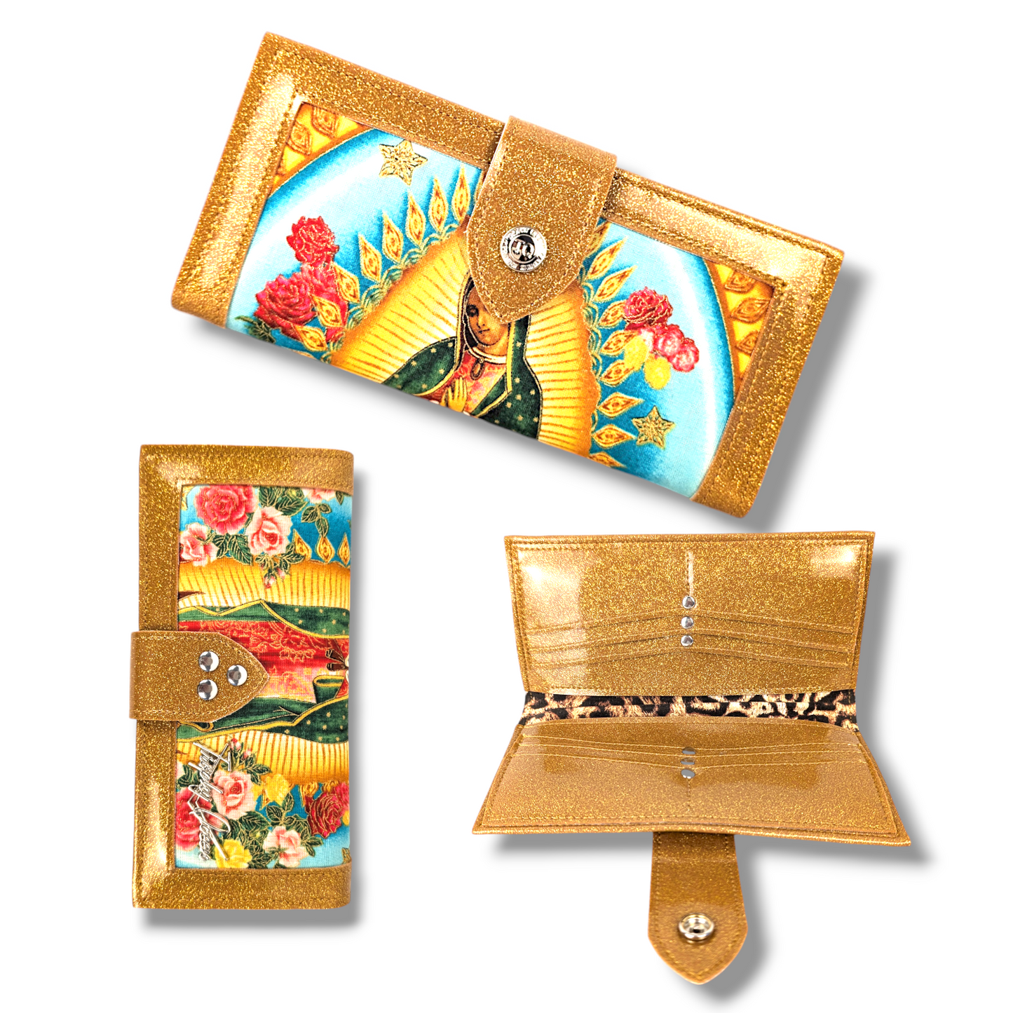 Long Card Wallet - Virgin Mary (Blue Background) / Marigold Glitter - Leopard Lining