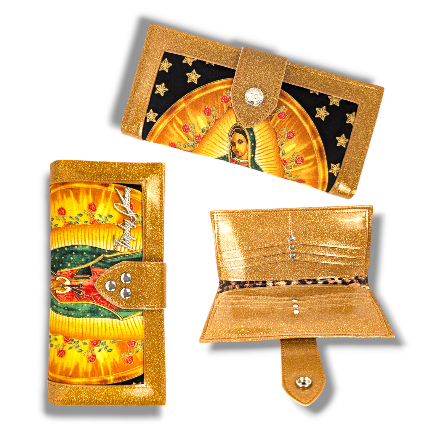 Long Card Wallet - Virgin Mary (Black Background) / Marigold Glitter - Leopard Lining