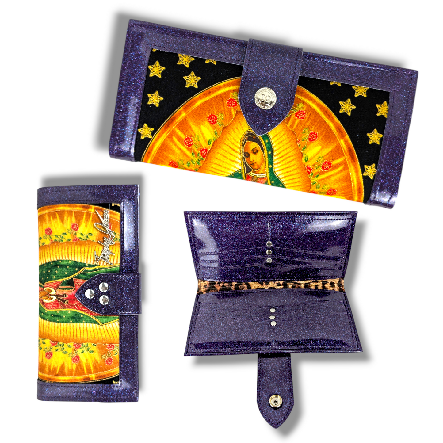 Long Card Wallet - Virgin Mary / Purple Glitter - Leopard Lining