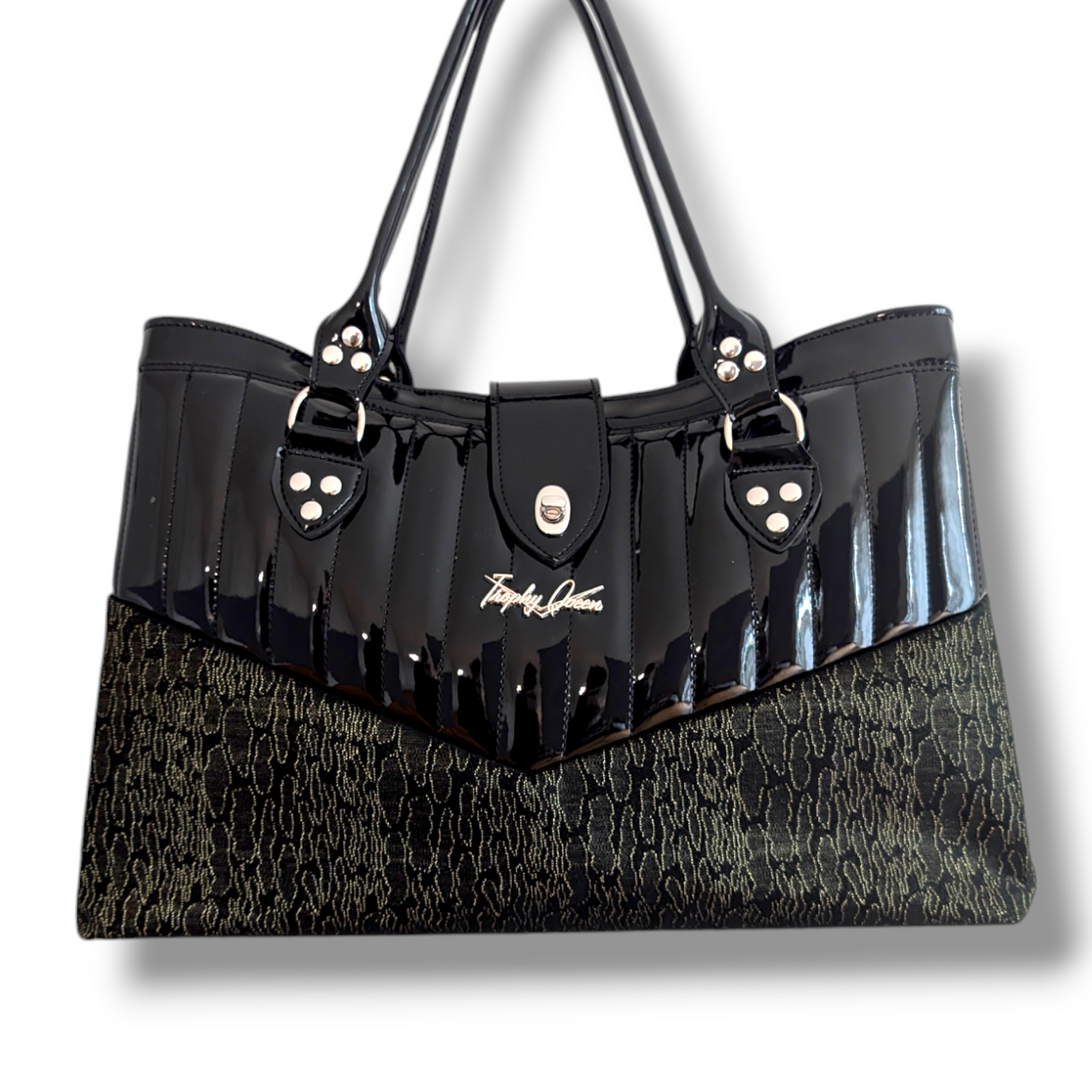 Vintage Green 1957 Chevy  Open Tote - Black Gloss / Leopard Lining