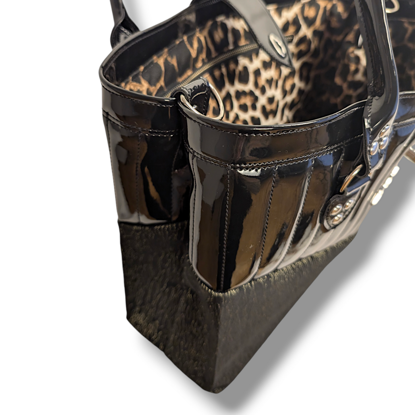 Vintage Green 1957 Chevy  Open Tote - Black Gloss / Leopard Lining