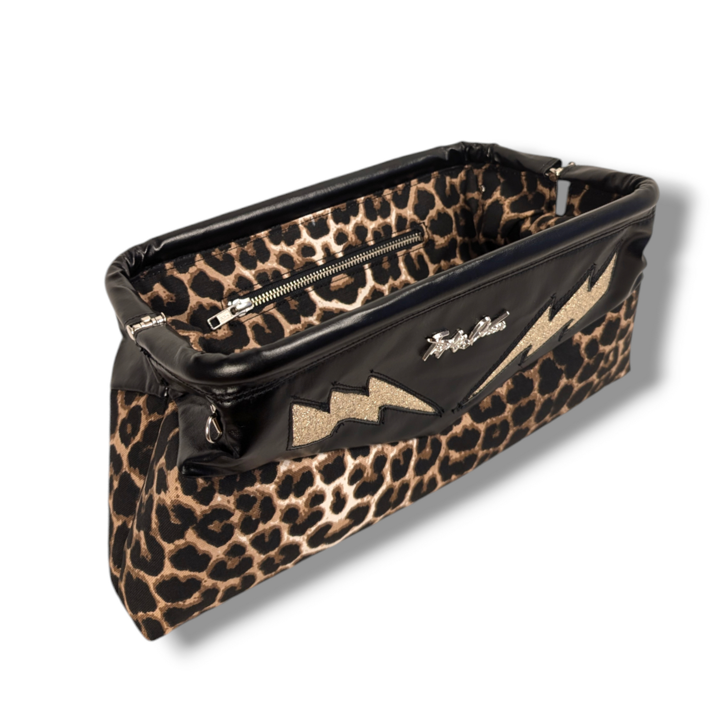 Lucille TCB Clutch Bag - Vintage Black Vinyl with Gold Bolts / Leopard - Leopard Lining