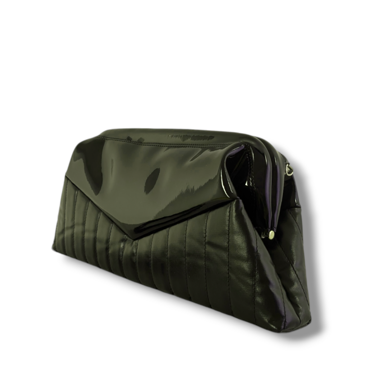 Lucille TCB Clutch Bag - Vintage Black Vinyl with Green Python Bolts / Leopard - Leopard Lining