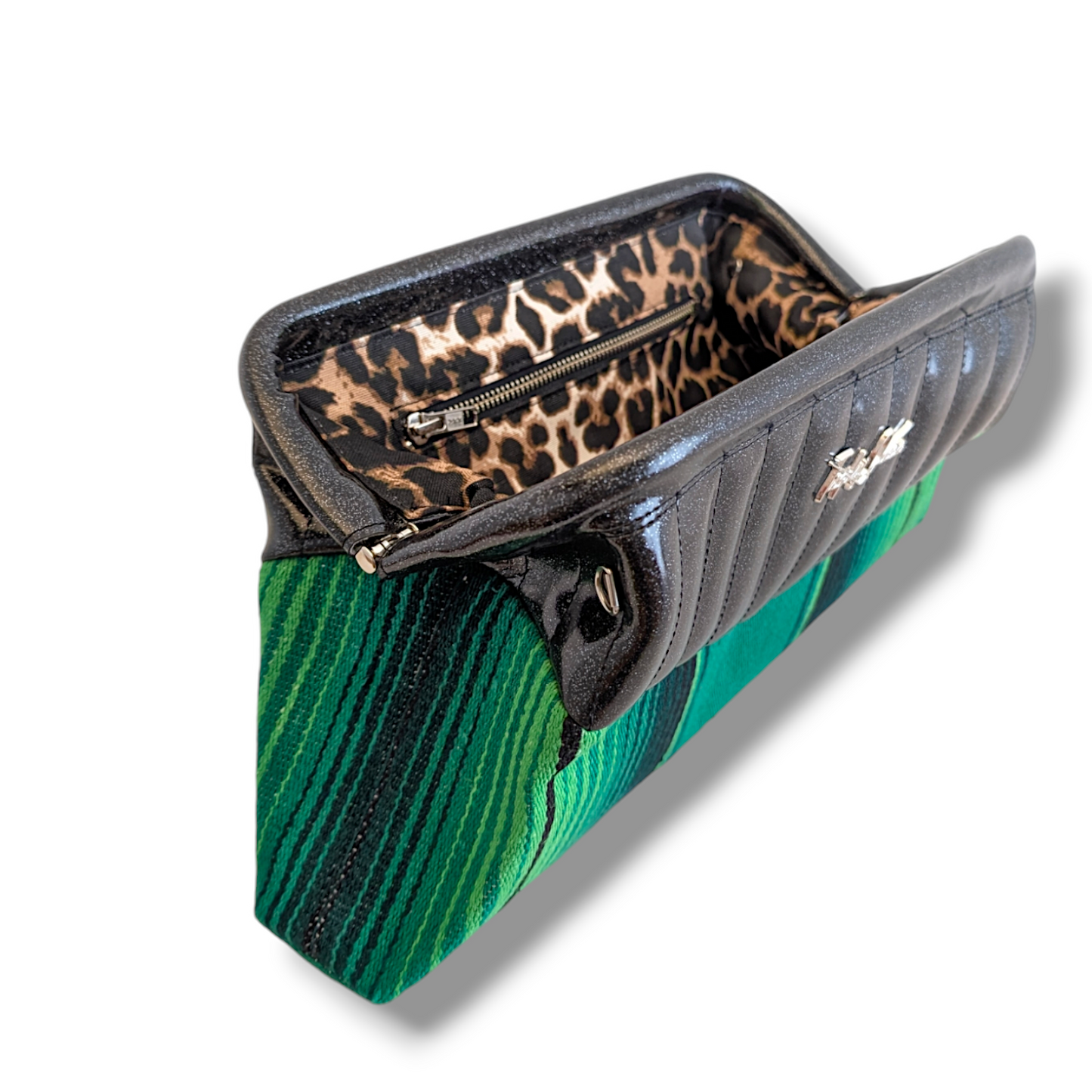 Lucille Clutch Bag - Green Mex / Coal Black Glitter - Leopard Lining