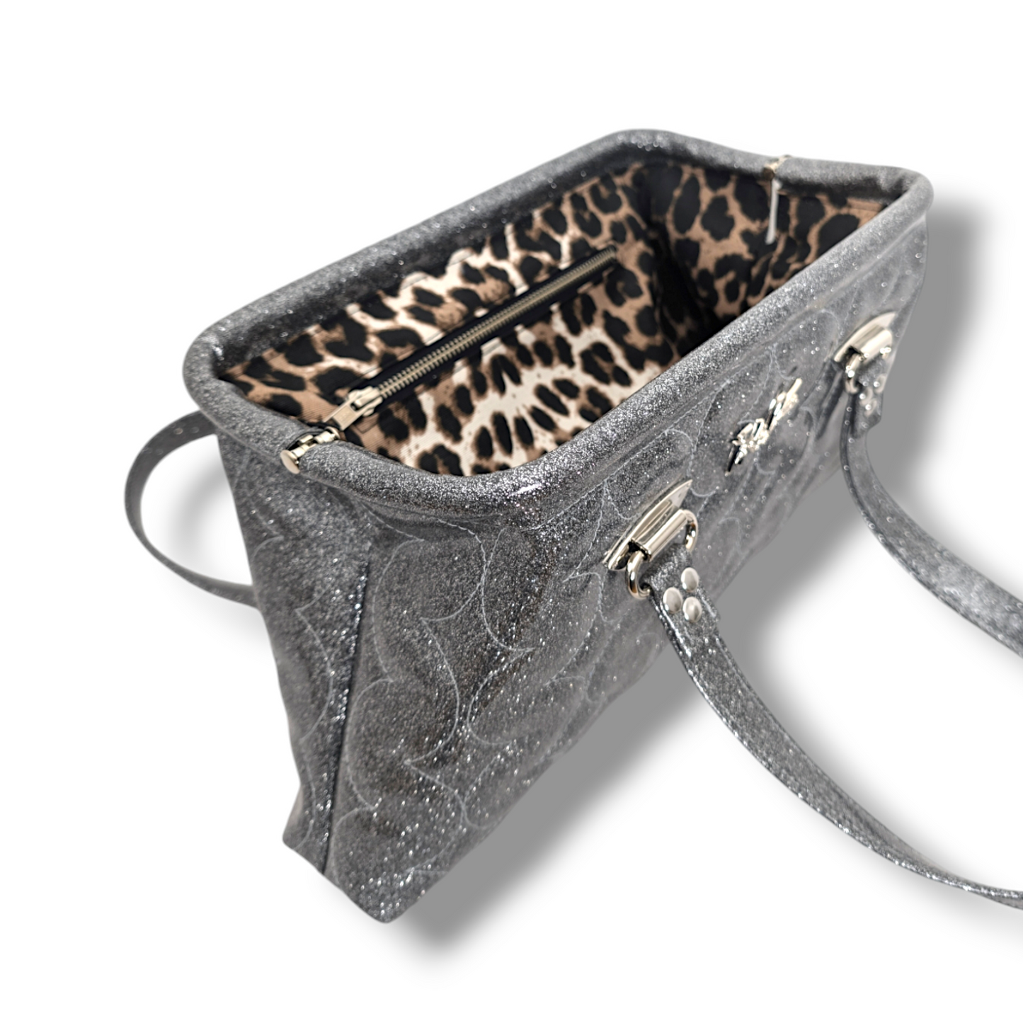 Dita Handbag with Lamp Lighter Pleating  - Light Gray Glitter / Leopard Lining