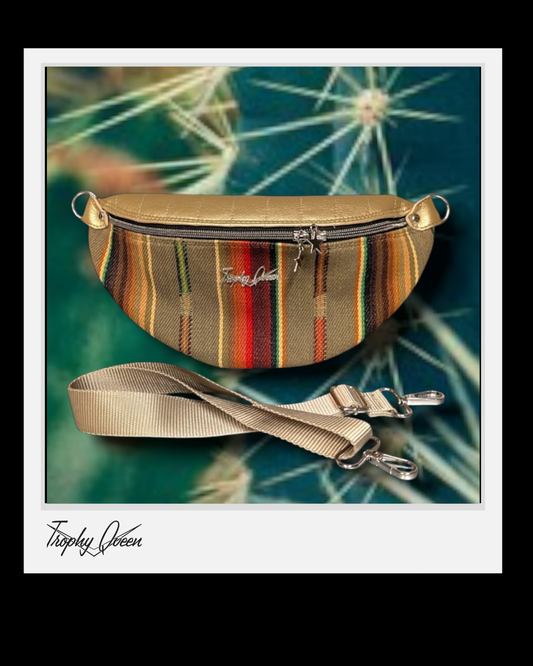 Fanny Pack Hip Bag Made in Gold Python Vinyl and Tan Serape Print Fabric Front View