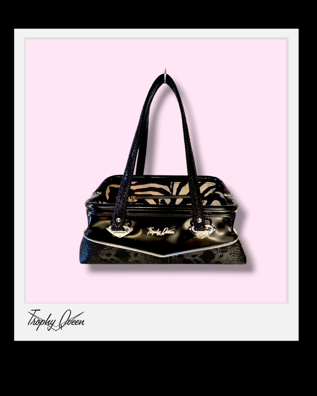Lucille Handbag - Black Croc / Black Gloss- Zebra Lining