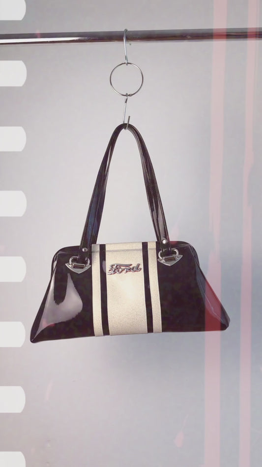 Vintage Ford Emblem Handbag - Gloss Black with White Glitter Racing Stripes  - Velvet Leo Lining