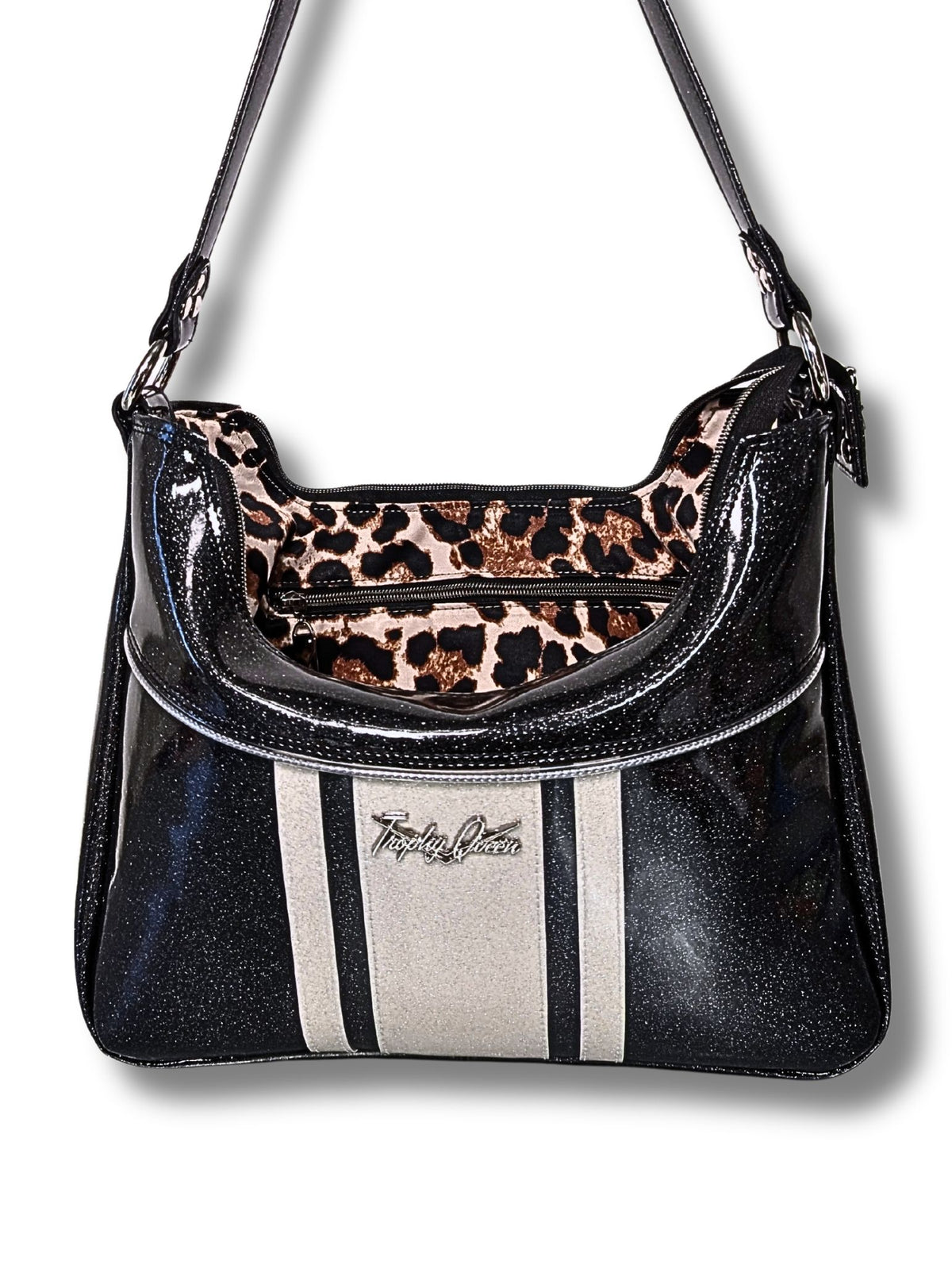 Racing Stripe Hobo Bag - Coal Black & White Flake / Satin Leopard Lining