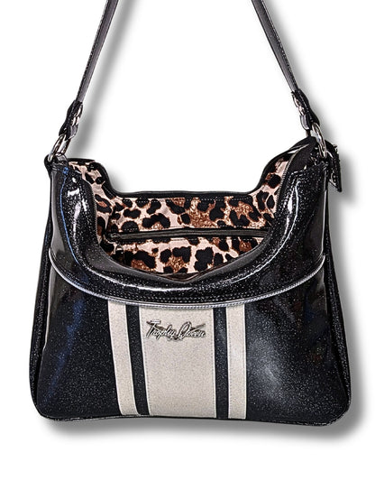 Racing Stripe Hobo Bag - Coal Black & White Flake / Satin Leopard Lining