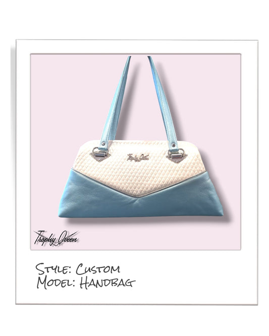 Custom Handbag - Pearl Powder Blue / Pearl White Diamond Pleat - Leopard Lining