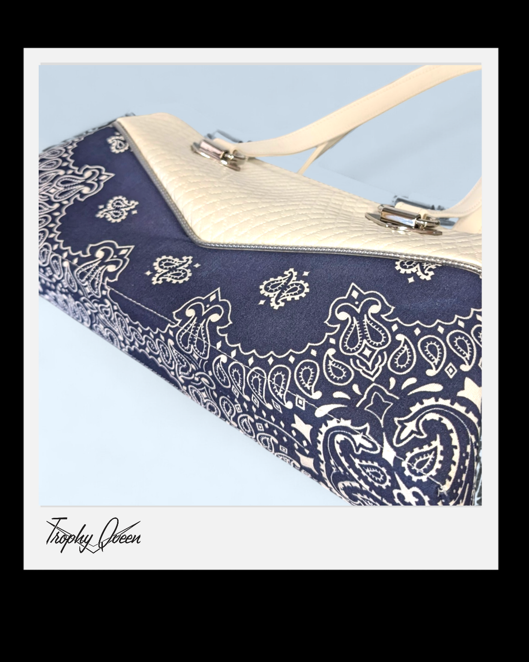 Bandana Handbag - Navy Blue & White Diamond Pleat / Leopard Satin Lining