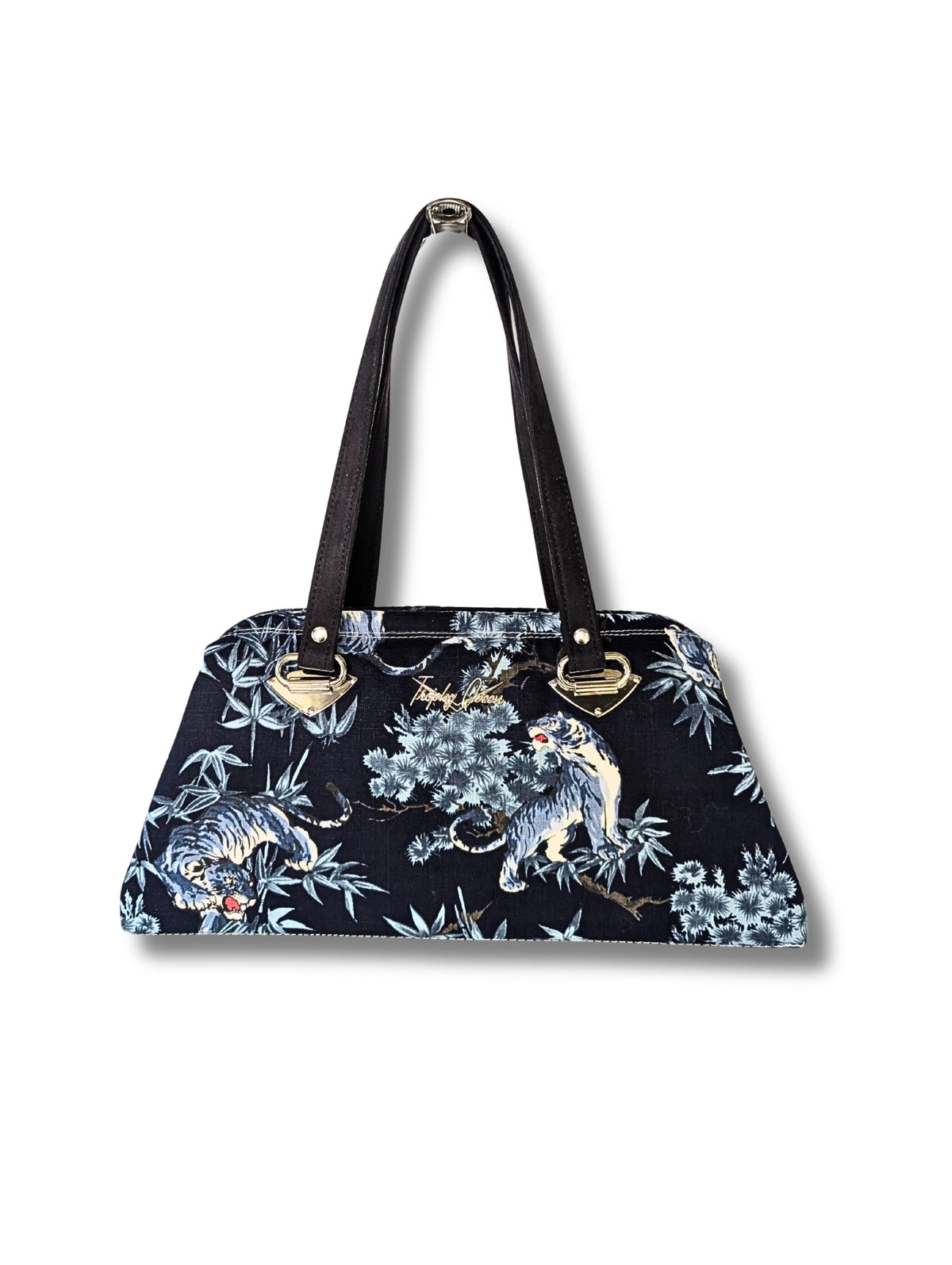 Japanese Navy Blue Tiger Print Kimono Fabric Handbag / Red Satin Lining