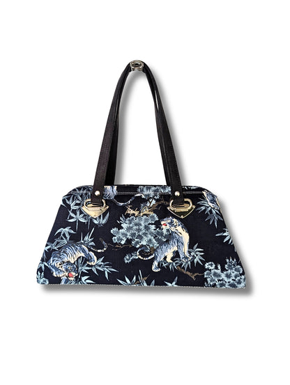 Japanese Navy Blue Tiger Print Kimono Fabric Handbag / Red Satin Lining