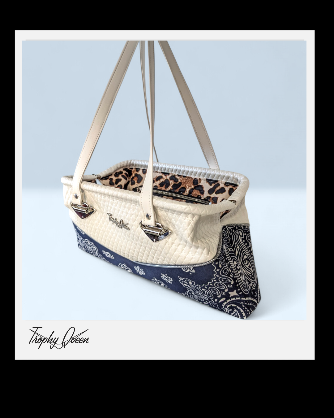 Bandana Handbag - Navy Blue & White Diamond Pleat / Leopard Satin Lining