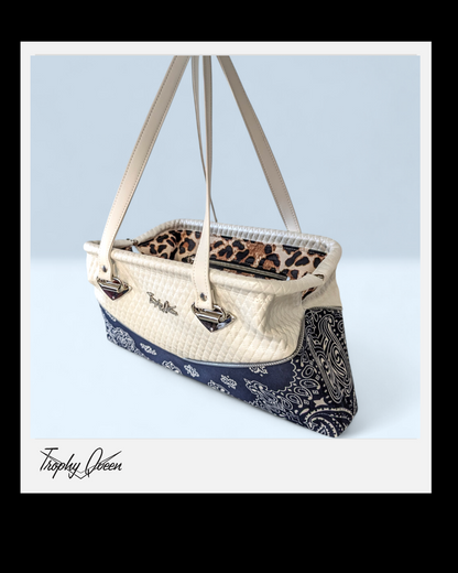 Bandana Handbag - Navy Blue & White Diamond Pleat / Leopard Satin Lining
