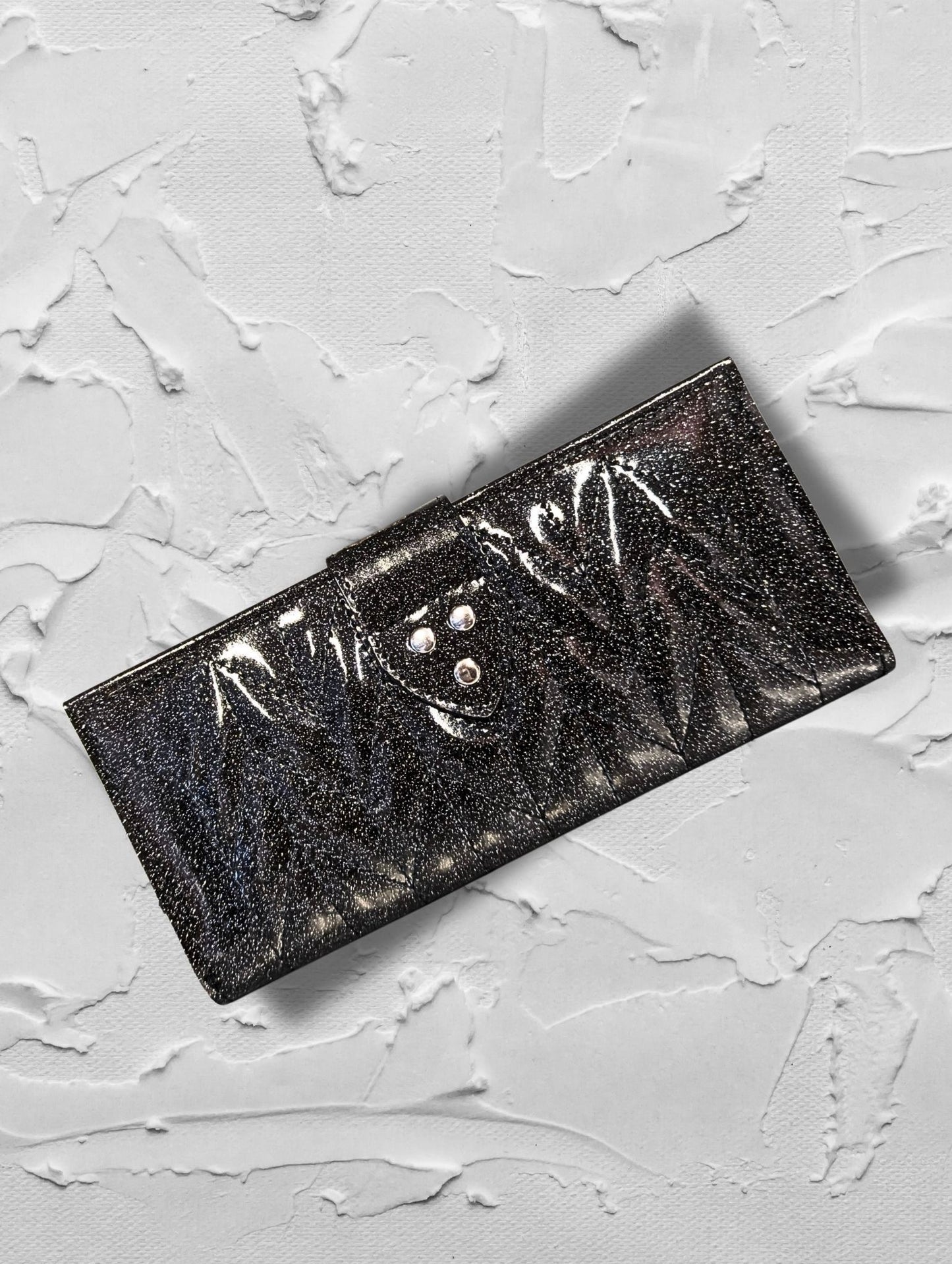 Long Card Wallet with Firebird Pleating - Coal Black Glitter / Leopard Lining