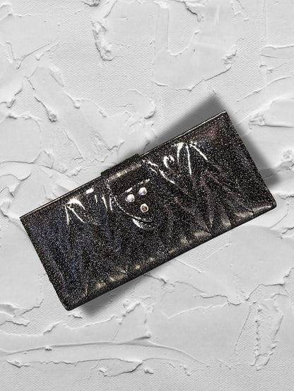 Long Card Wallet with Firebird Pleating - Coal Black Glitter / Leopard Lining