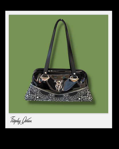 V8 Bandana Handbag - Black  & Black Gloss / Leopard Satin Lining