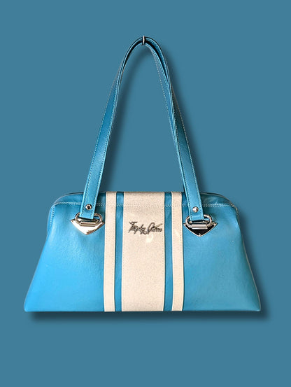Racing Stripe Bag - Turquoise Blue Leatherette / White Flake Stripes - Checkerboard Lining