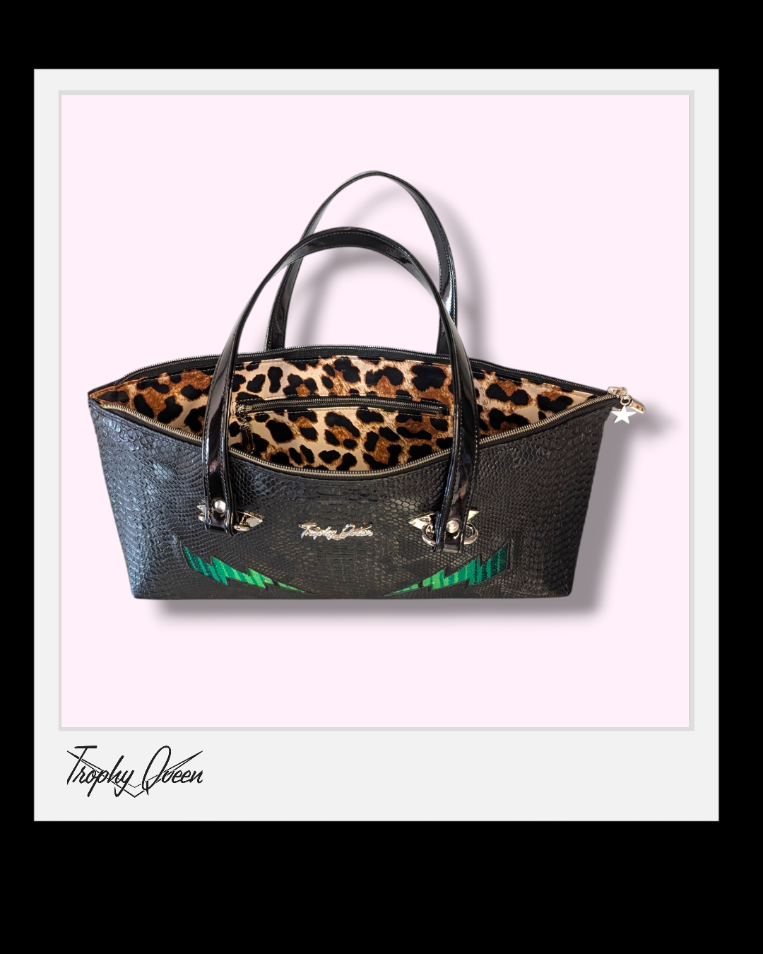 Zipper Handbag - Black Croc with Green Serape Bolts / Leopard Satin Lining