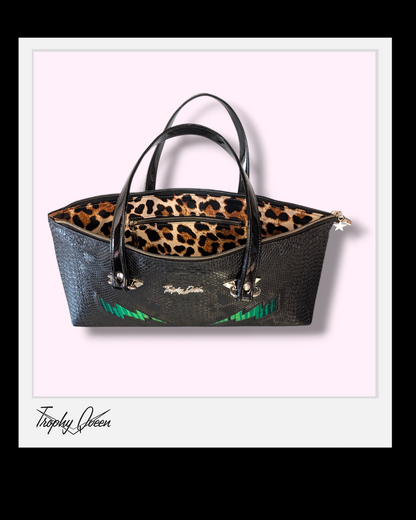 Zipper Handbag - Black Croc with Green Serape Bolts / Leopard Satin Lining