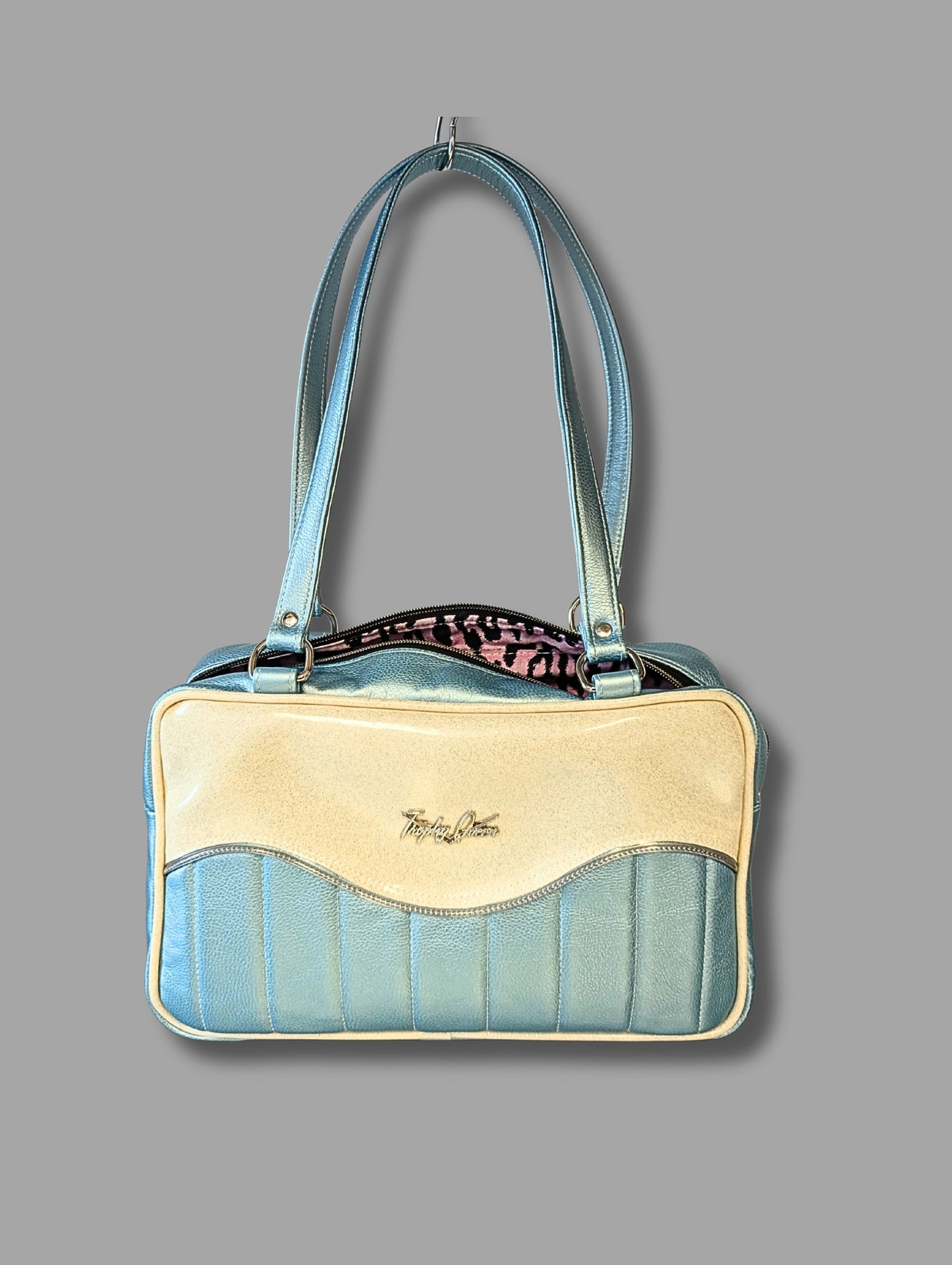 SALES SAMPLE! Tuck & Roll Tote Bag - Pearl Blue / White Glitter - Pink Leo Lining