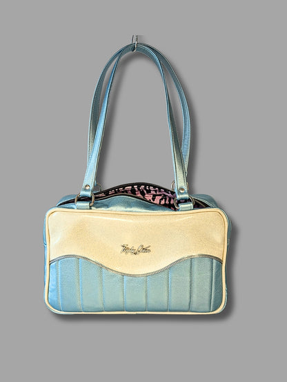SALES SAMPLE! Tuck & Roll Tote Bag - Pearl Blue / White Glitter - Pink Leo Lining