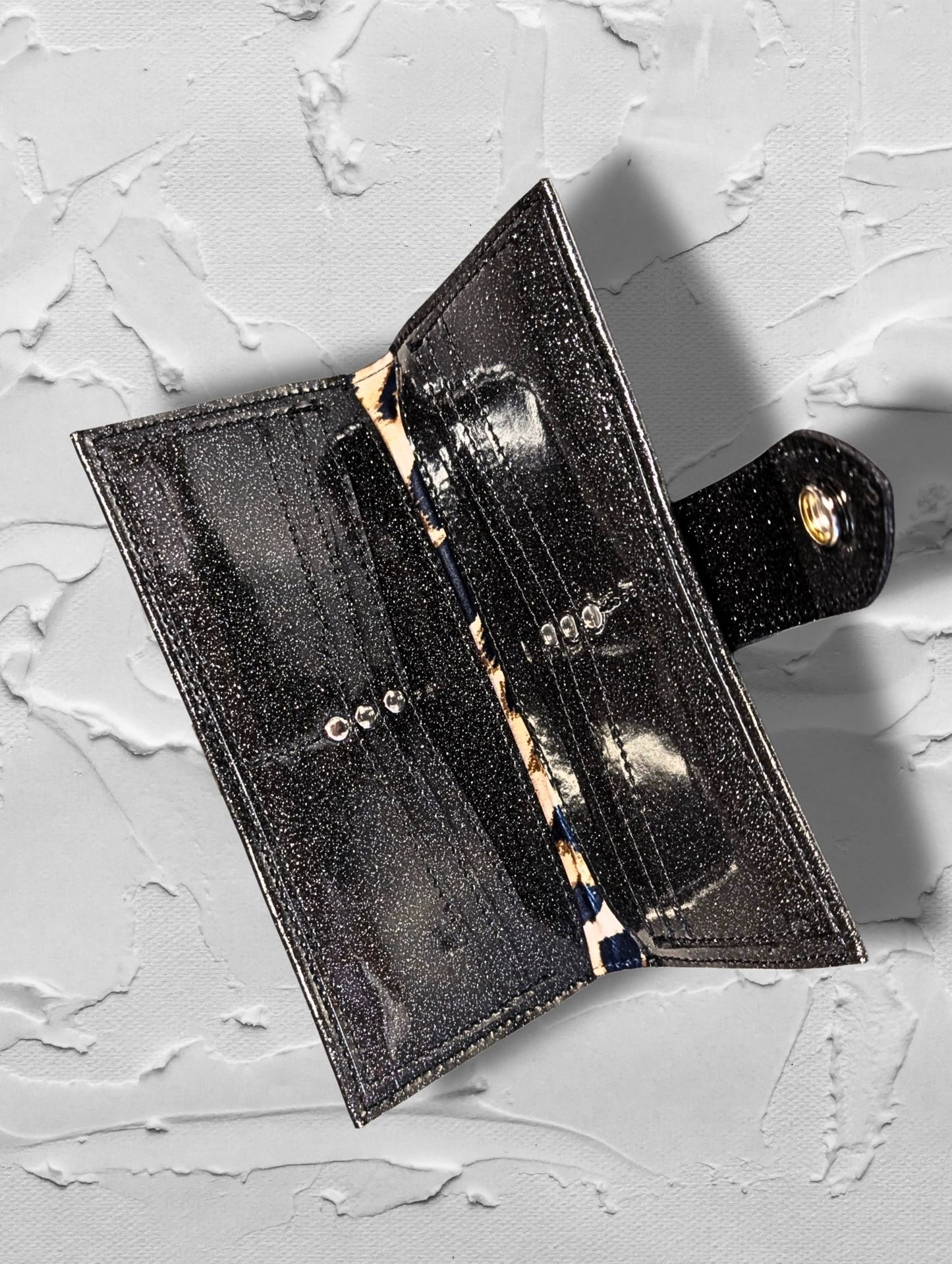 Long Card Wallet with Firebird Pleating - Coal Black Glitter / Leopard Lining