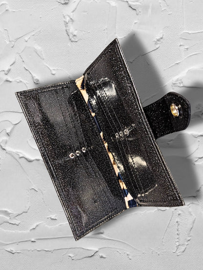 Long Card Wallet with Firebird Pleating - Coal Black Glitter / Leopard Lining