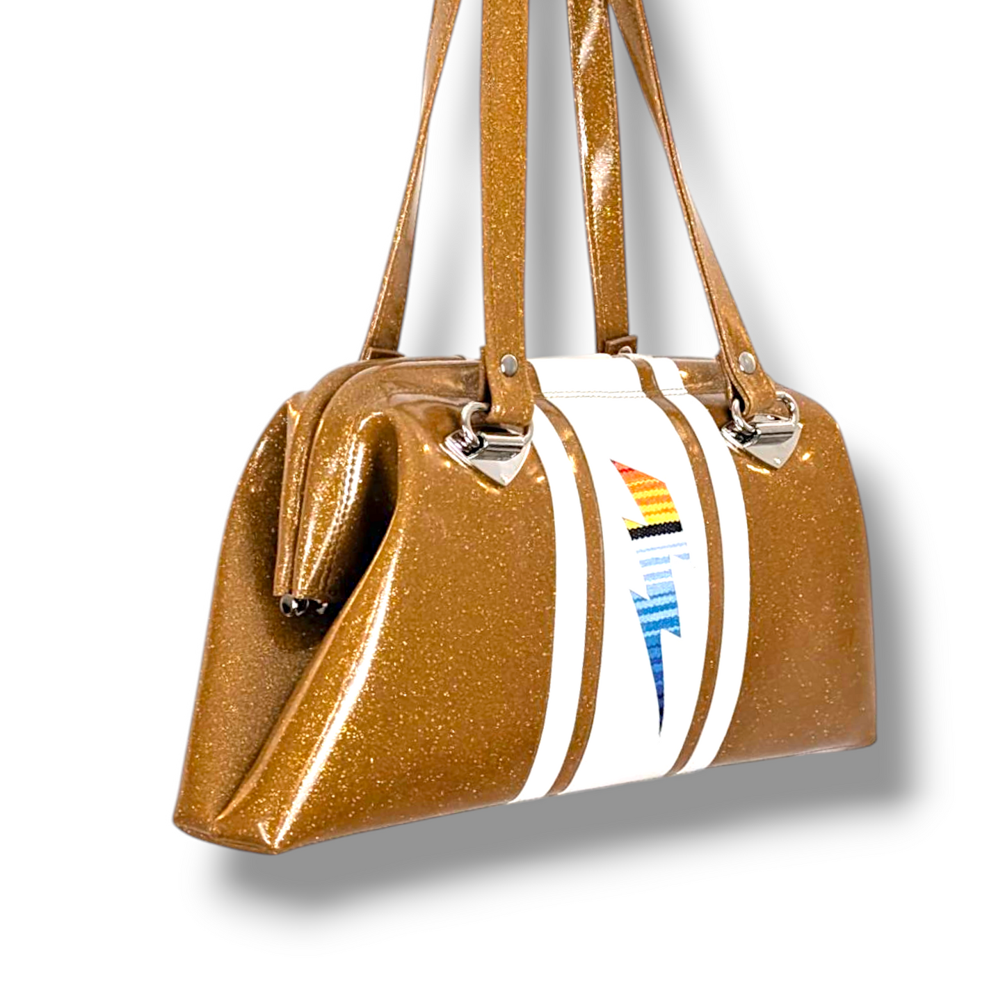 Dita Handbag with Stripes and Bolts  - Marigold / Pearl with Mex Bolts - Leopard Ling