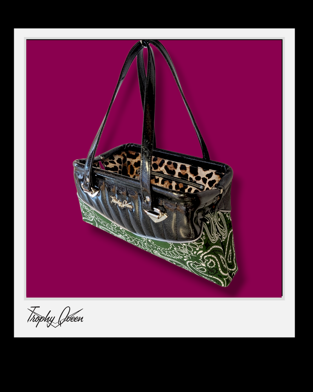 Bandana Handbag - Green & Coal Black Flake / Leopard Satin Lining