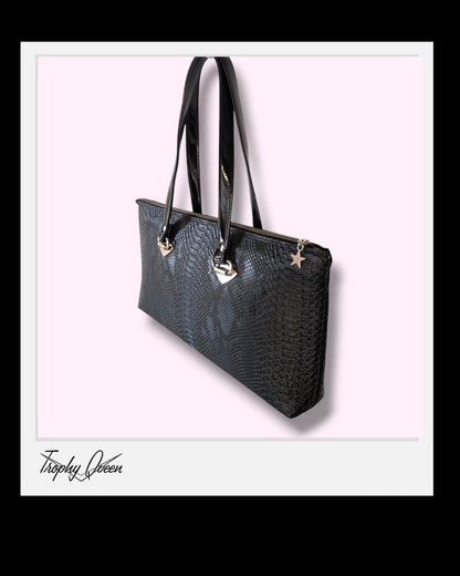Zipper Handbag - Black Croc with Green Serape Bolts / Leopard Satin Lining
