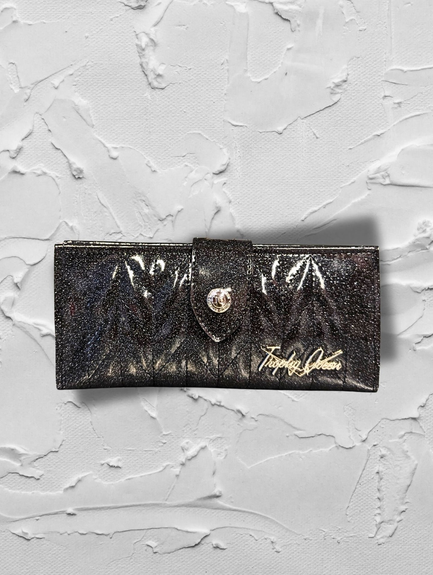 Long Card Wallet with Firebird Pleating - Coal Black Glitter / Leopard Lining