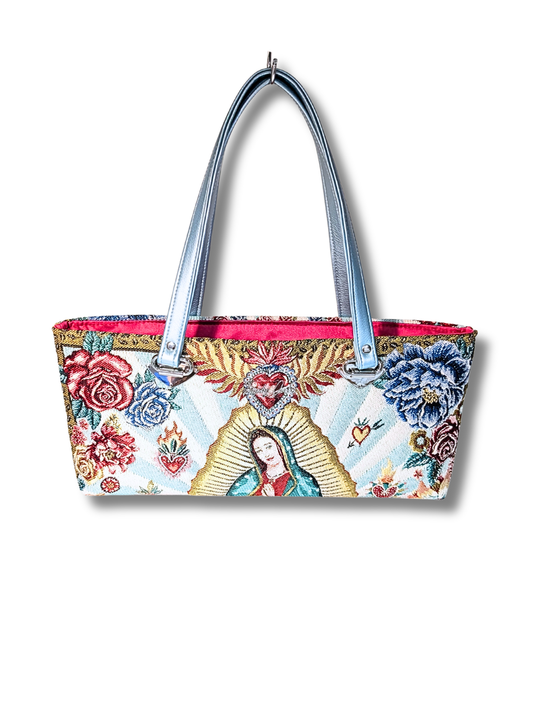 Open Mini Tote - French Tapestry Virgin Mary / Hot Pink Satin Lining
