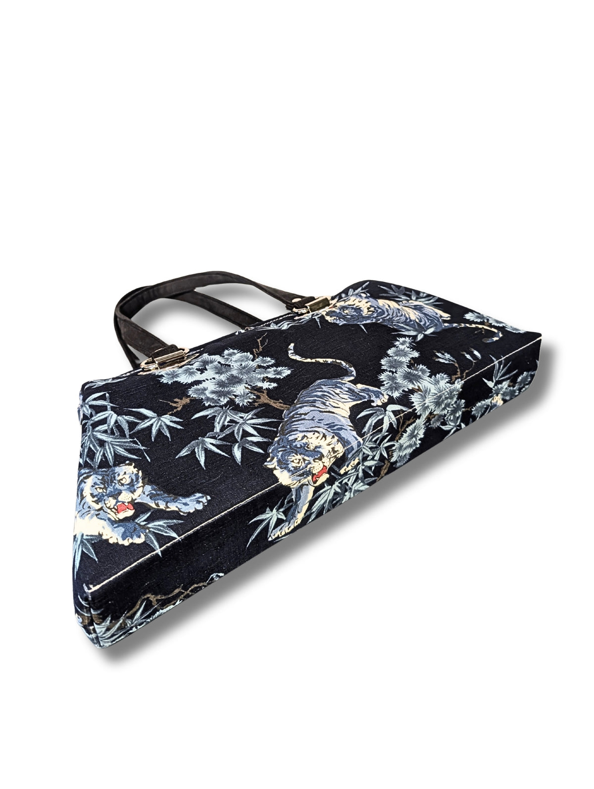 Japanese Navy Blue Tiger Print Kimono Fabric Handbag / Red Satin Lining