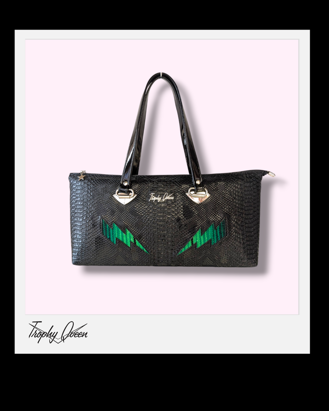 Zipper Handbag - Black Croc with Green Serape Bolts / Leopard Satin Lining