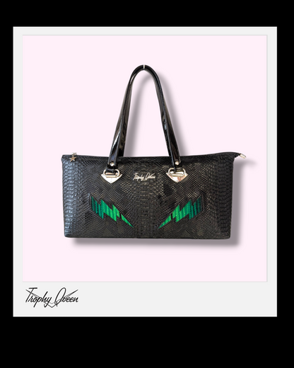 Zipper Handbag - Black Croc with Green Serape Bolts / Leopard Satin Lining