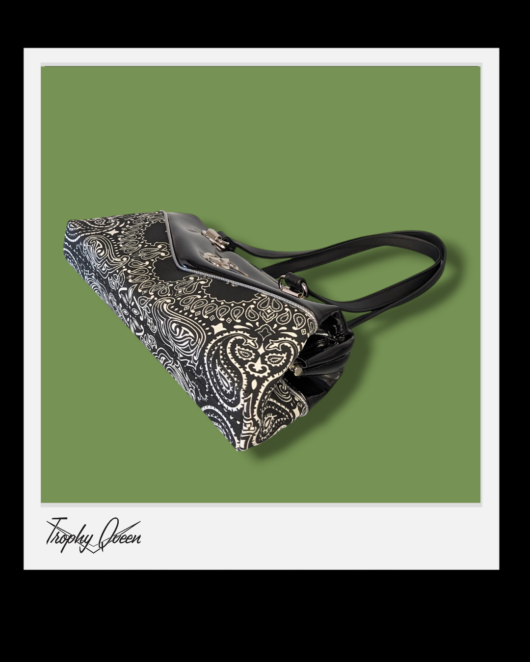 V8 Bandana Handbag - Black  & Black Gloss / Leopard Satin Lining