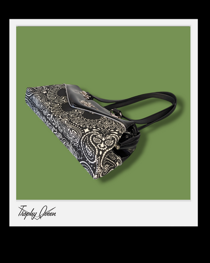 V8 Bandana Handbag - Black  & Black Gloss / Leopard Satin Lining